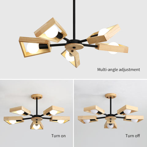Drewniana lampa wisząca, żyrandol do salonu Oprawa oświetleniowa do oświetlenia wnętrz, drewno Pięć świateł Geometryczne lampy wiszące na 5 żarówek E27 (bez żarówki)
