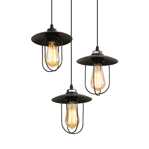 Żyrandol przemysłowy, lampa wisząca z 3 płomieniami w stylu vintage o industrialnym wzorze, lampa wisząca retro z 3 metalowymi klatkami, kolor: czarny, gniazdo: E27, 3 światła