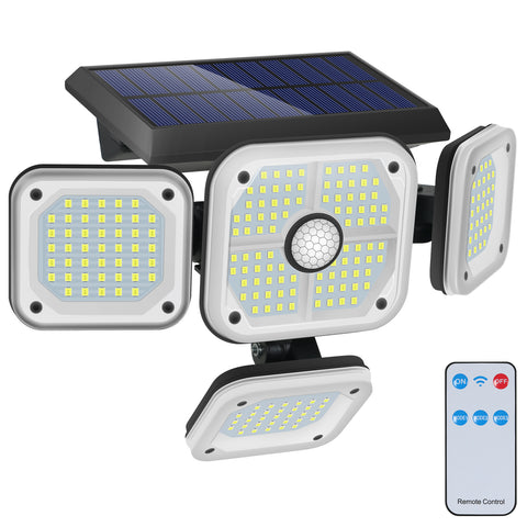 Zewnętrzna lampa solarna Detektor ruchu, 4 głowice 231 LED Zewnętrzna lampa słoneczna z pilotem IP65 Wodoodporne słoneczne oświetlenie zewnętrzne 3 tryby punktowe Projektor solarny LED Ogród Zimna biel
