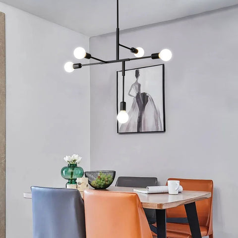 Żyrandol przemysłowy w stylu vintage z podstawą E27, 5-punktową molekularną lampą sufitową Sputnik, geometryczną metalową lampą wiszącą do montażu częściowo podtynkowego do salonu, sypialni, jadalni i kuchni (czarny)