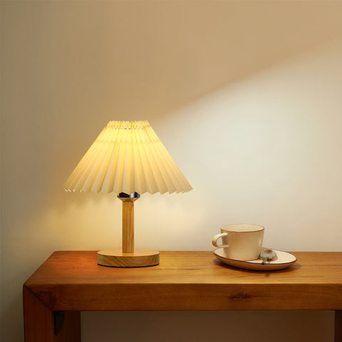Lampa biurkowa, drewniana plisowana lampa stołowa E27, mini kreatywne oświetlenie nastrojowe do sypialni