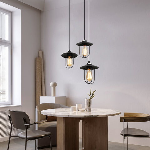 Żyrandol przemysłowy, lampa wisząca z 3 płomieniami w stylu vintage o industrialnym wzorze, lampa wisząca retro z 3 metalowymi klatkami, kolor: czarny, gniazdo: E27, 3 światła
