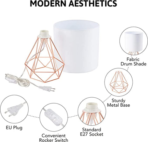 Abażur Nowoczesna lampa stołowa do sypialni, salonu Lampa klatkowa z chromowanym wykończeniem i białym kloszem (różowe złoto) Żarówki nie wchodzą w skład zestawu