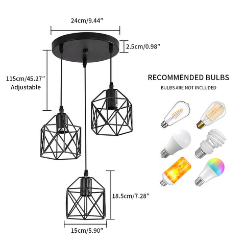 Czarna lampa wisząca w stylu vintage, metalowa czarna klatka w stylu vintage, lampa sufitowa przemysłowa, 3 lampy E26 (żarówka nie jest dołączona)