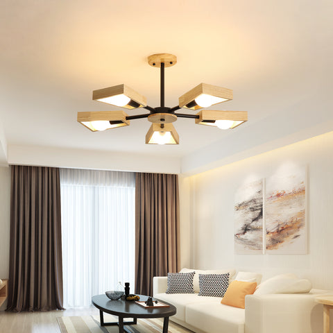 Drewniana lampa wisząca, żyrandol do salonu Oprawa oświetleniowa do oświetlenia wnętrz, drewno Pięć świateł Geometryczne lampy wiszące na 5 żarówek E27 (bez żarówki)