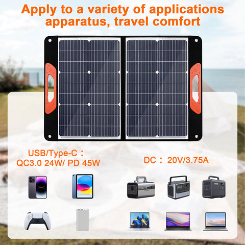 Składany przenośny panel słoneczny o mocy 75 W, 3 porty DC/PD 45 W/QC3.0/USB Kompatybilny z większością przenośnych generatorów słonecznych/elektrowni/telefonów/laptopów do podróży/kempingu/rv