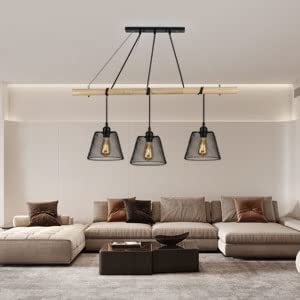 3 lampy Vintage przemysłowa lampa wisząca, żyrandol z drewna splotowego wiszący z wzornictwem przemysłowym, przemysłowy żyrandol do salonu z gniazdem E27, stalowa lampa wisząca do jadalni