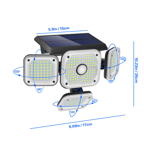 Zewnętrzna lampa solarna Detektor ruchu, 4 głowice 231 LED Zewnętrzna lampa słoneczna z pilotem IP65 Wodoodporne słoneczne oświetlenie zewnętrzne 3 tryby punktowe Projektor solarny LED Ogród Zimna biel