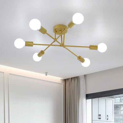 Nowoczesna lampa sufitowa LED, żyrandol retro lampa wisząca w stylu vintage 6 świateł podstawa E27, metalowy żyrandol oprawa oświetleniowa lampa do salonu sypialnia kuchnia przedpokój Loft jadalnia bar kawiarnia, złoto (bez żarówek)