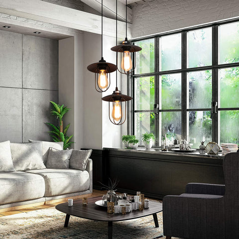 Żyrandol przemysłowy, lampa wisząca z 3 płomieniami w stylu vintage o industrialnym wzorze, lampa wisząca retro z 3 metalowymi klatkami, kolor: czarny, gniazdo: E27, 3 światła