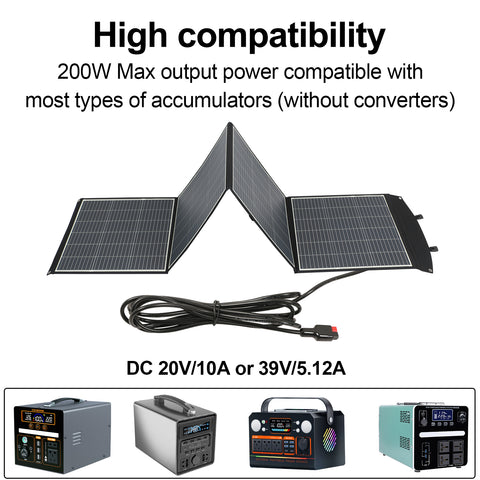 Panel słoneczny 200 W — moc monokrystaliczna, wyjście DC 20 V/10 A lub 39 V/5,12 A, 3 warstwy