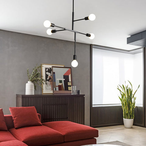 Żyrandol przemysłowy w stylu vintage z podstawą E27, 5-punktową molekularną lampą sufitową Sputnik, geometryczną metalową lampą wiszącą do montażu częściowo podtynkowego do salonu, sypialni, jadalni i kuchni (czarny)