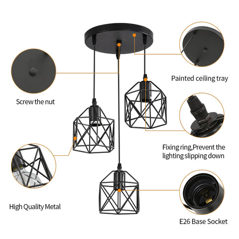 Czarna lampa wisząca w stylu vintage, metalowa czarna klatka w stylu vintage, lampa sufitowa przemysłowa, 3 lampy E26 (żarówka nie jest dołączona)
