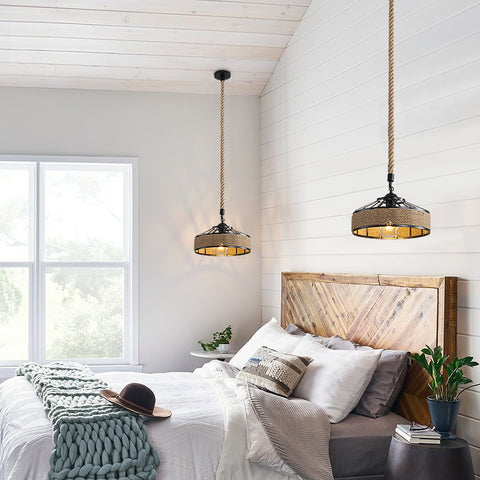 Żyrandol ze sznurka konopnego GOECO, retro czarna metalowa lampa wisząca, wiejskie żyrandole wiszące, lampa sufitowa do przedpokoju E27 Oprawa oświetleniowa do salonu Sypialnia udekoruj dom 220V