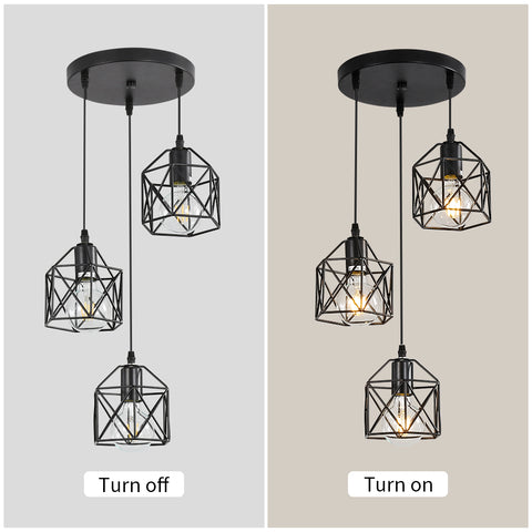 Czarna lampa wisząca w stylu vintage, metalowa czarna klatka w stylu vintage, lampa sufitowa przemysłowa, 3 lampy E26 (żarówka nie jest dołączona)
