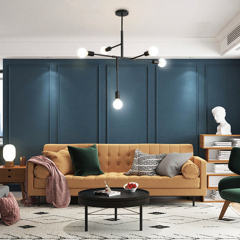 Żyrandol przemysłowy w stylu vintage z podstawą E27, 5-punktową molekularną lampą sufitową Sputnik, geometryczną metalową lampą wiszącą do montażu częściowo podtynkowego do salonu, sypialni, jadalni i kuchni (czarny)