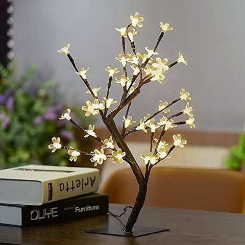 Drzewo oświetlone diodami LED 45 cm z 48 kwiatami wiśni, diody LED, na Boże Narodzenie, do wnętrz, dekoracje, biuro, łóżko, ciepła biel