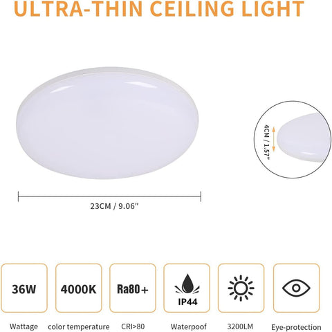Lampa sufitowa LED, 36W 3200LM Nowoczesna oprawa sufitowa, Ultra cienka okrągła lampa sufitowa LED do łazienki, kuchni, sypialni, korytarza, balkonu, Ø23*H4cm, 4000K Natural White