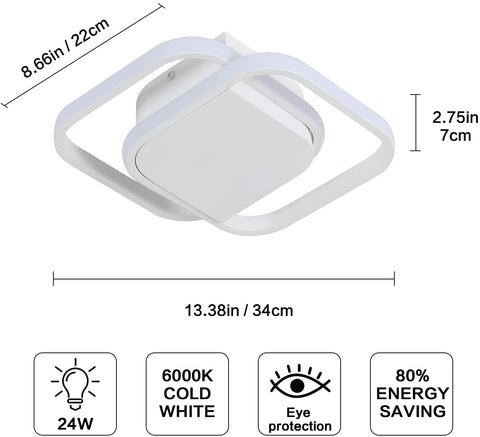 Nowoczesna lampa sufitowa LED, kwadratowa lampa sufitowa LED 24W 2200LM, 6000K chłodna biała oprawa sufitowa, akrylowa lampa sufitowa, do sypialni salon kuchnia przedpokój (biały)