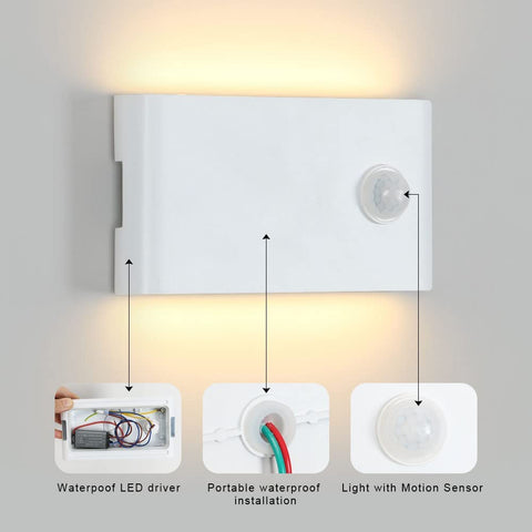 Kinkiet zewnętrzny 12W z czujnikiem ruchu, IP65 Białe wykonanie Matowe wykonanie Zewnętrzna/wewnętrzna aluminiowa kinkiet, Akrylowa kinkiet na balkon, schody, ogród, garaż, 3000K
