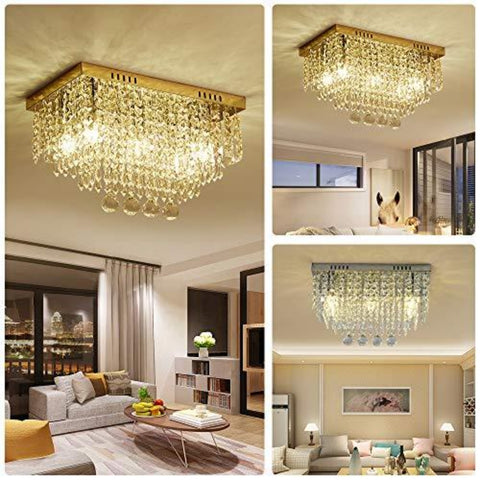 Kryształowa lampa sufitowa, kryształowy żyrandol, 5 świateł prostokątna chromowana lampa sufitowa do żyrandola, jadalnia, sypialnia, salon, biuro Rozmiar: dł. 45 cm szer. 25 cm wys. 28 cm