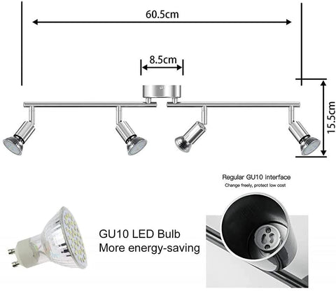 Reflektory sufitowe LED, lampy sufitowe obrotowe 360° Oświetlenie punktowe LED, nowoczesne 4-głowicowe metalowe żarówki sufitowe GU10, IP20