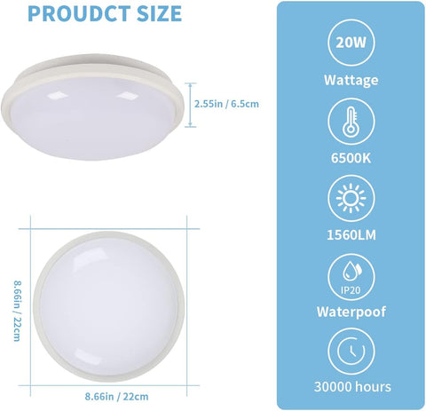 Okrągła lampa sufitowa LED, lampa sufitowa do łazienki, wodoodporność IP54 6500K chłodna biel, nowoczesna lampa sufitowa do łazienki sypialnia kuchnia salon balkon 20W średnica 22cm
