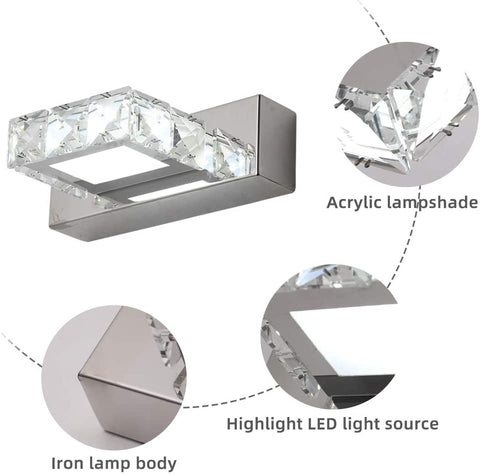 Kinkiet Reflektory Kryształowe lustro LED 3W 5500k Stal nierdzewna Lampa akrylowa IP44 Wodoodporna i przeciwmgielna (srebrna), 16x5cm