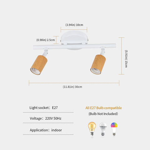 Lampa sufitowa LED z 2 regulowanymi punktami, biała lampa sufitowa LED z drewna, oświetlenie sufitowe wewnętrzne do kuchni, salonu, sypialni, korytarza, bez żarówek, maks. 60 W