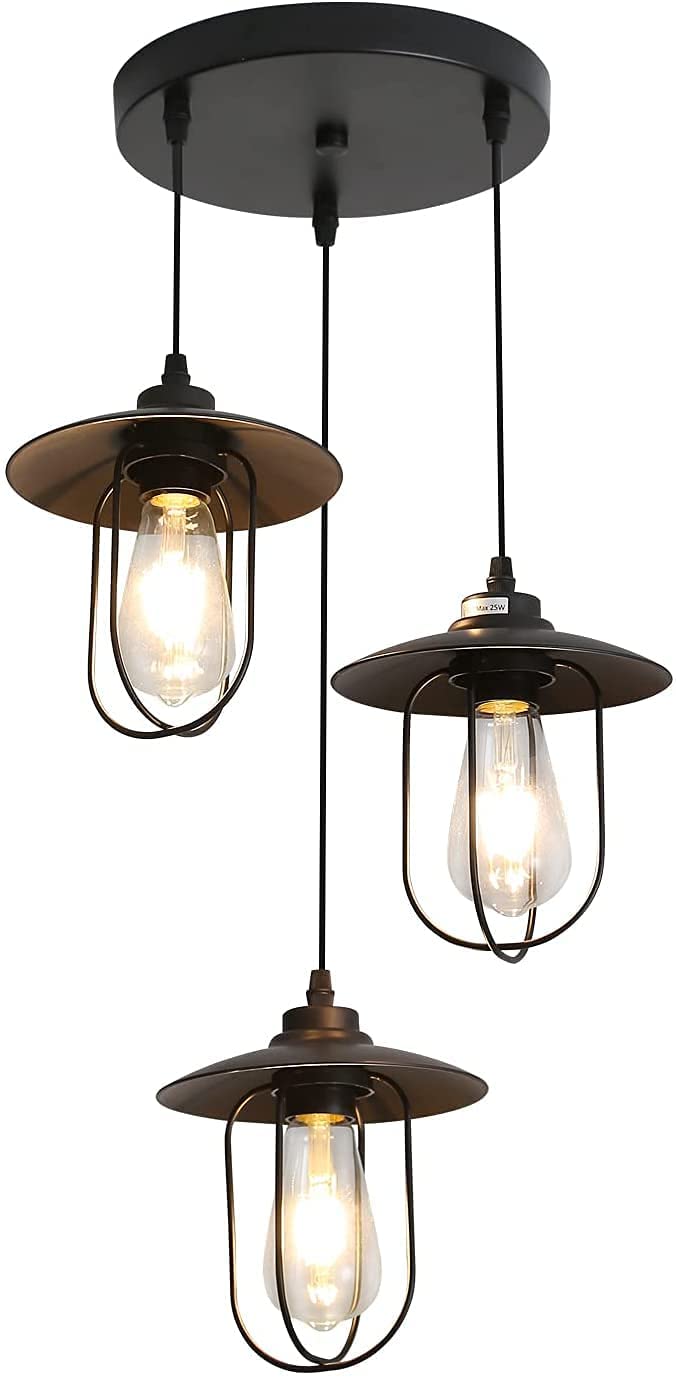 Żyrandol przemysłowy, lampa wisząca z 3 płomieniami w stylu vintage o industrialnym wzorze, lampa wisząca retro z 3 metalowymi klatkami, kolor: czarny, gniazdo: E27, 3 światła