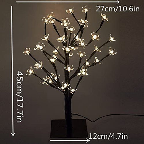 Drzewo oświetlone diodami LED 45 cm z 48 kwiatami wiśni, diody LED, na Boże Narodzenie, do wnętrz, dekoracje, biuro, łóżko, ciepła biel