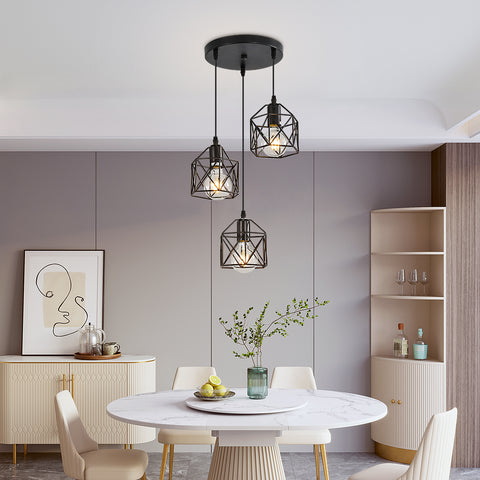 Czarna lampa wisząca w stylu vintage, metalowa czarna klatka w stylu vintage, lampa sufitowa przemysłowa, 3 lampy E26 (żarówka nie jest dołączona)
