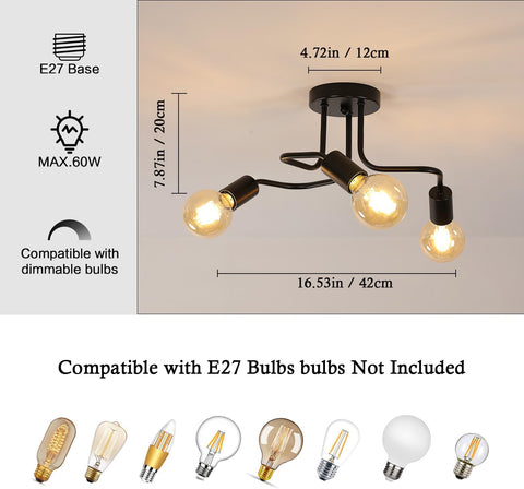 Przemysłowa lampa sufitowa E27 Base 3 Lampa sufitowa do salonu Sypialnia Jadalnia Biuro Czarna