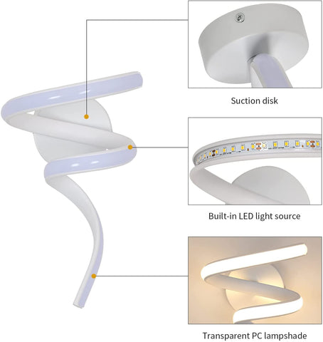 Nowoczesna lampa ścienna LED w kształcie spirali, kinkiet wewnętrzny 16W 1750 lm, 3500K ciepłe białe kinkiety LED do sypialni, salonu, schodów, korytarza