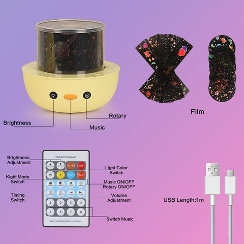 Lampka nocna z projektorem gwiazdowym, muzyczna lampka nocna z obrotem 360° + timer + pilot + 6 filmów projekcyjnych, lampka nocna dla dzieci, na Halloween, Boże Narodzenie, imprezy, prezent dla dziewczynki