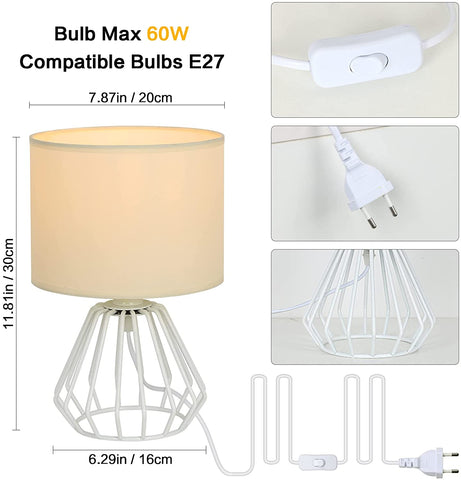 Lampka nocna, lampa stołowa z ażurową podstawą i białym abażurem z tkaniny, minimalistyczna lampa biurkowa do sypialni, salonu, biura (żarówka E27 nie jest dołączona)