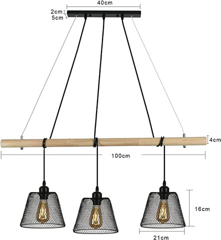 3 lampy Vintage przemysłowa lampa wisząca, żyrandol z drewna splotowego wiszący z wzornictwem przemysłowym, przemysłowy żyrandol do salonu z gniazdem E27, stalowa lampa wisząca do jadalni
