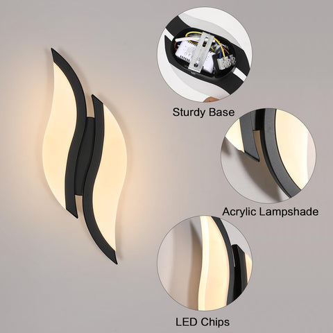Kinkiet wewnętrzny LED, nowoczesny kinkiet 12W 2300 lm, oświetlenie akrylowe kinkiet do salonu sypialnia schody 3000K ciepłe białe światło czarny kolor