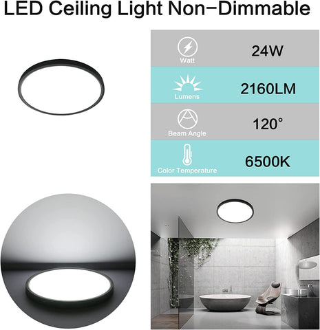 Lampa sufitowa LED 24W, lampa sufitowa 2160LM IP50, ultracienka lampa sufitowa 6500k Cool White, czarna okrągła lampa sufitowa do sypialni, salonu, korytarza, balkonu, łazienki, biura, Ø30cm