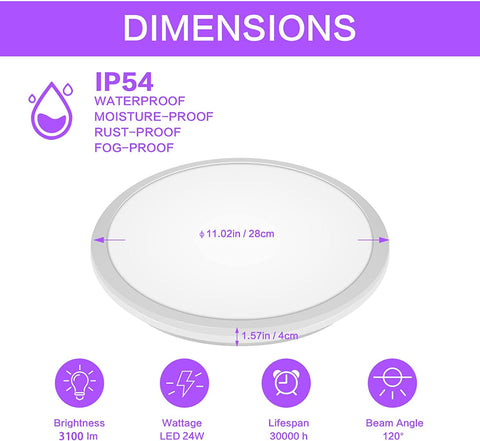 Ściemnialna lampa sufitowa LED, lampa sufitowa łazienkowa IP54, 24W 3100LM, 2700-6500K RGB wodoodporna nowoczesna lampa sufitowa z pilotem do salonu, sypialni (średnica 28cm)