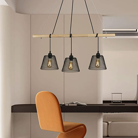 3 lampy Vintage przemysłowa lampa wisząca, żyrandol z drewna splotowego wiszący z wzornictwem przemysłowym, przemysłowy żyrandol do salonu z gniazdem E27, stalowa lampa wisząca do jadalni