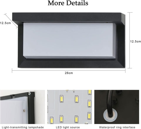 Kinkiet zewnętrzny 16 W, wodoodporny kinkiet LED IP65, kwadratowe wodoodporne kinkiety zewnętrzne na balkon, taras ogrodowy, zimny biały 6500 K, czarny