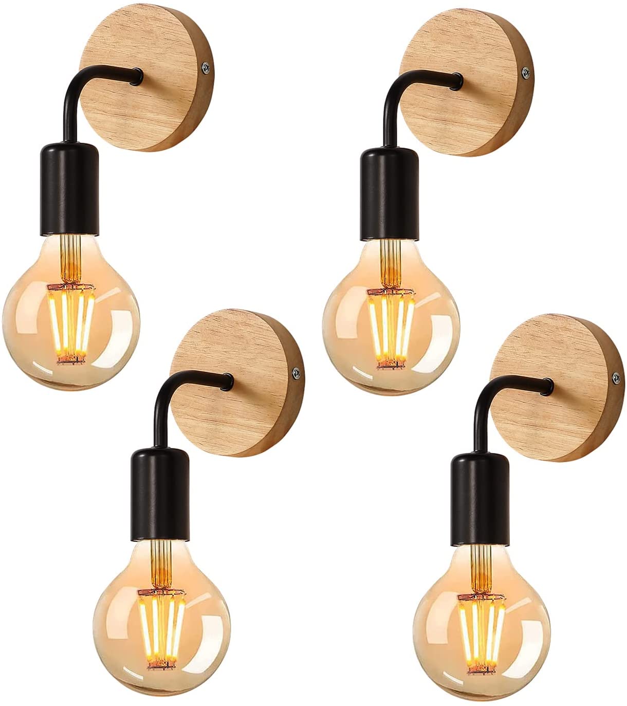 Applique Murale Interieur Industrielle 4 Pack, Lampe Murale en Bois Métal, Appliques Wall Decoration Murale