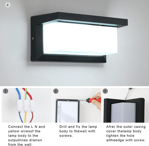 Kinkiet zewnętrzny 16 W, wodoodporny kinkiet LED IP65, kwadratowe wodoodporne kinkiety zewnętrzne na balkon, taras ogrodowy, zimny biały 6500 K, czarny