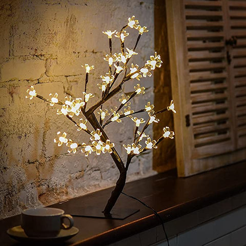 Drzewo oświetlone diodami LED 45 cm z 48 kwiatami wiśni, diody LED, na Boże Narodzenie, do wnętrz, dekoracje, biuro, łóżko, ciepła biel