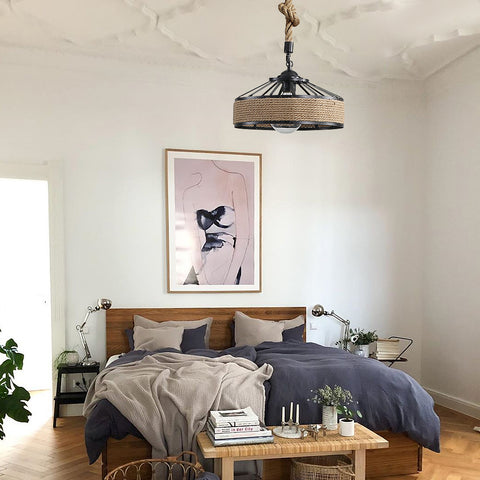 Żyrandol ze sznurka konopnego GOECO, retro czarna metalowa lampa wisząca, wiejskie żyrandole wiszące, lampa sufitowa do przedpokoju E27 Oprawa oświetleniowa do salonu Sypialnia udekoruj dom 220V