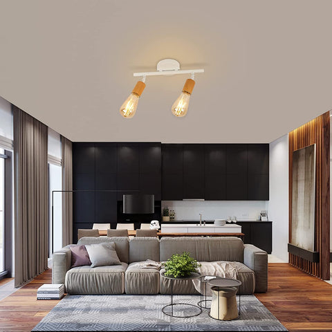 Lampa sufitowa LED z 2 regulowanymi punktami, biała lampa sufitowa LED z drewna, oświetlenie sufitowe wewnętrzne do kuchni, salonu, sypialni, korytarza, bez żarówek, maks. 60 W