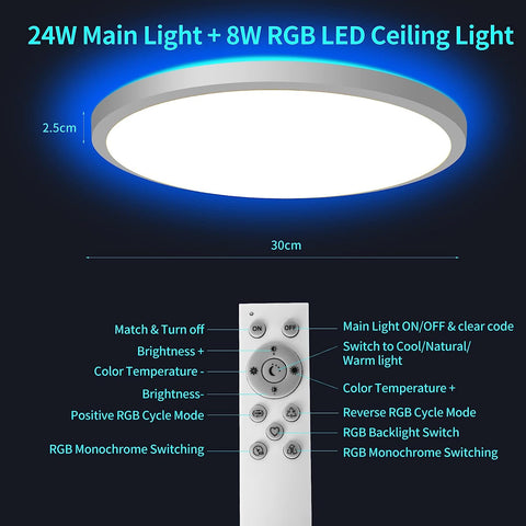 Lampa sufitowa LED z możliwością przyciemniania RGB 3000K-6500K Okrągła lampa sufitowa LED do łazienki Wodoodporna IP54 Do kąpieli, sypialni, salonu, kuchni ?30CM
