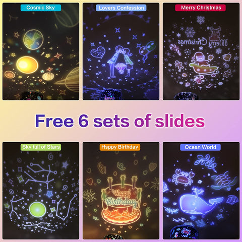 Lampka nocna z projektorem gwiazdowym, muzyczna lampka nocna z obrotem 360° + timer + pilot + 6 filmów projekcyjnych, lampka nocna dla dzieci, na Halloween, Boże Narodzenie, imprezy, prezent dla dziewczynki