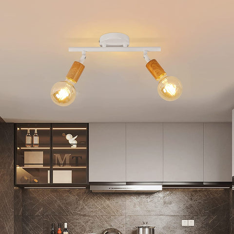 Lampa sufitowa LED z 2 regulowanymi punktami, biała lampa sufitowa LED z drewna, oświetlenie sufitowe wewnętrzne do kuchni, salonu, sypialni, korytarza, bez żarówek, maks. 60 W